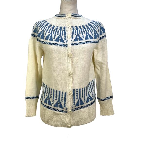 Vintage Cardigan Handmade Knit Fairisle Acrylic Jeanne Legpage Ivory Blue Winter - Picture 1 of 9